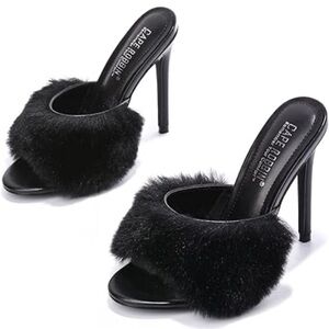 Cape Robbin Pryer Fur Round Toe Single Sole High Heels, Black Size 7